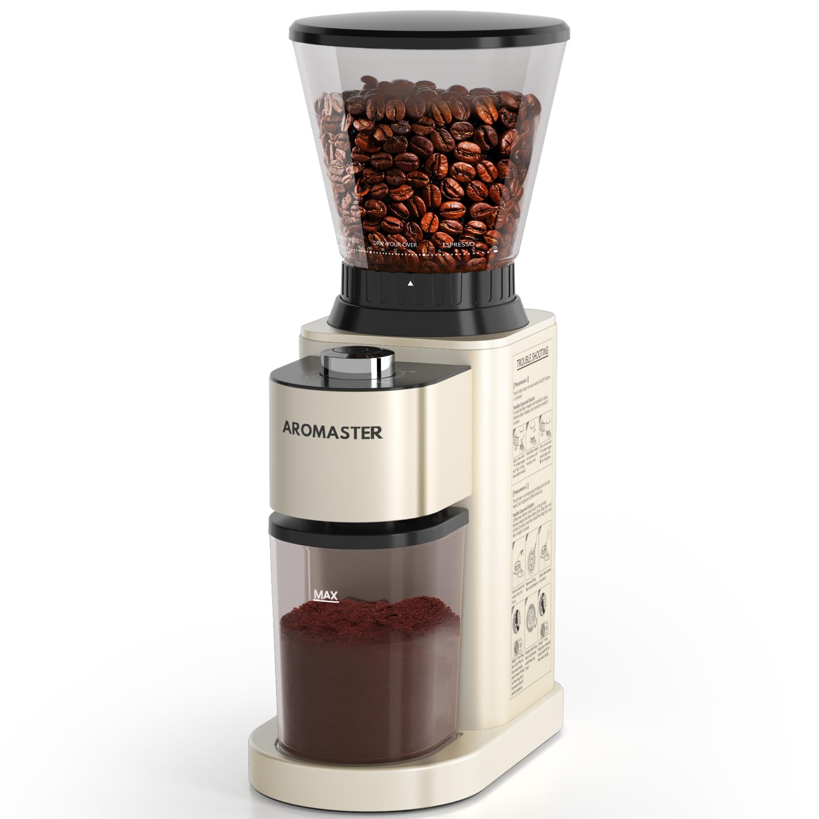 Aromaster Conical Burr Coffee Grinder Electric for Home Use with 48 Grind Settings Anti-static Beige Stainless Steel